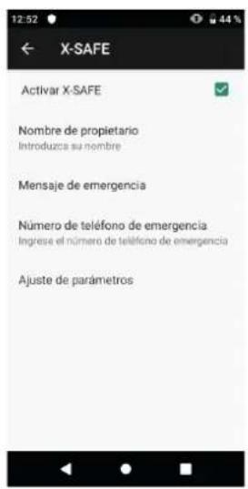 12:52 ← X-SAFE Activar X-SAFE Nombre de propietario Introduzca su nombre Mensaje de emergencia Número de teléfono de emergencia Ingresse el número de teléfono de emergencia Ajuste de parámetros