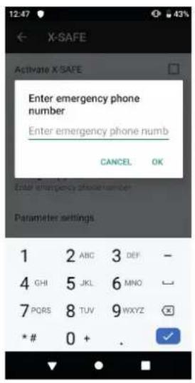 12:47 ← X-SAFE Activate X-SAFE Enter emergency phone number Enter emergency phone numb CANCEL OK Enter emergency shock number Parameter settings 1 2 ABC 3 DEF - 4 GHI 5 JKL 6 MNO - 7 PQRS 8 TUV 9WXYZ * * # 0 + . ✓