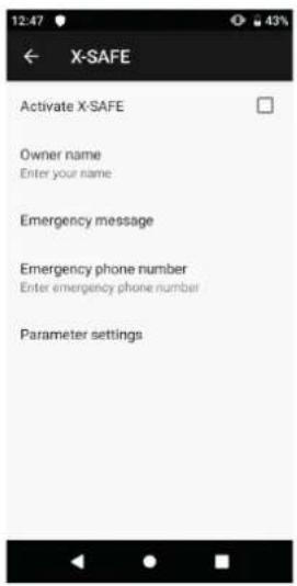 12:47 ← X-SAFE Activate X-SAFE Owner name Enter your name Emergency message Emergency phone number Enter emergency phone number Parameter settings