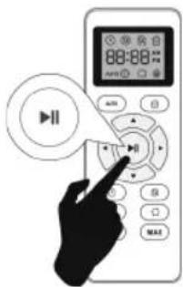 Hand holding a digital audio recording device with playback controls and display screen showing time and duration