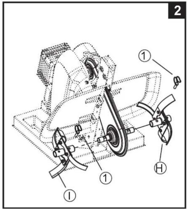 Technical diagram of a mechanical assembly with labeled parts I, 1, and H