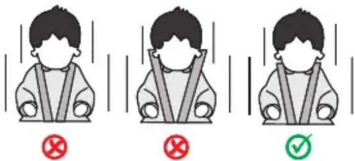 Three illustrated scenarios showing a person wearing a seatbelt with checkmarks and red X marks indicating absence or rejection.