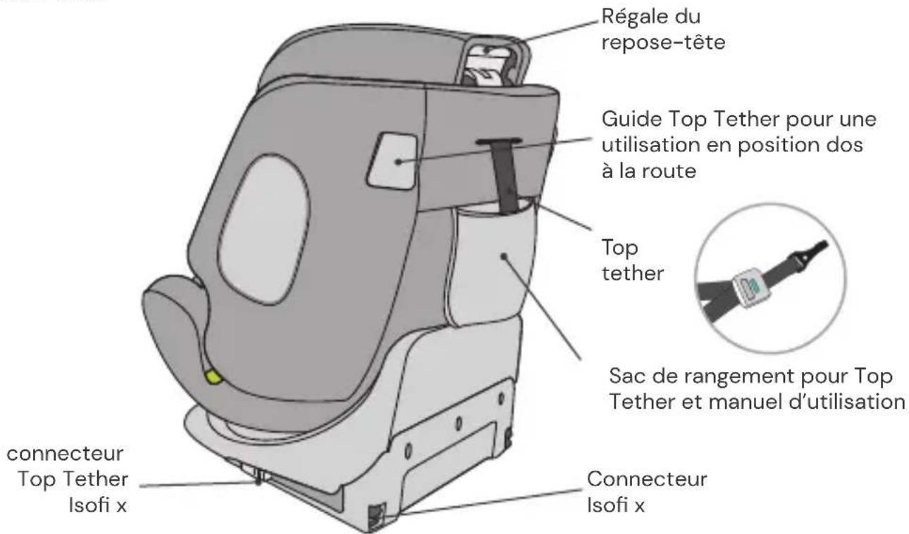 Régale du repose-tête Guide Top Tether pour une utilisation en position dos à la route Top tether Sac de rangement pour Top Tether et manuel d'utilisation connecteur Top Tether Isofi x Connecteur Isofi x