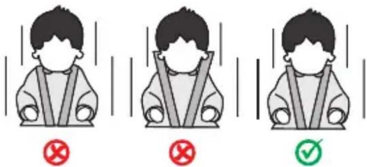 Three illustrated scenarios showing a person wearing seatbelt with red and green checkmarks indicating absence or compliance.