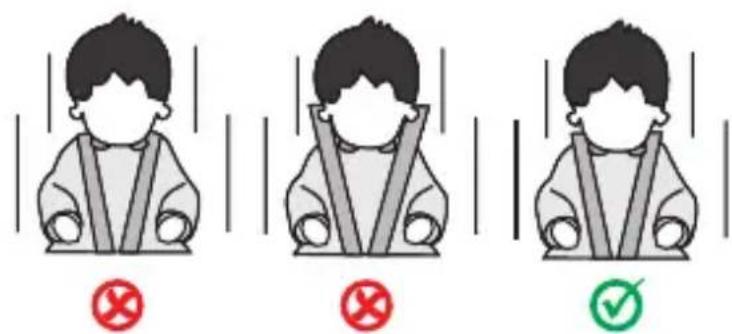 Three illustrated scenarios showing a person in seatbelt with red and green checkmarks indicating absence or compliance, each marked with an X symbol.