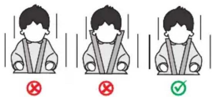 Three illustrated scenarios showing a person in seatbelt with red and green checkmarks indicating correct and incorrect actions respectively.