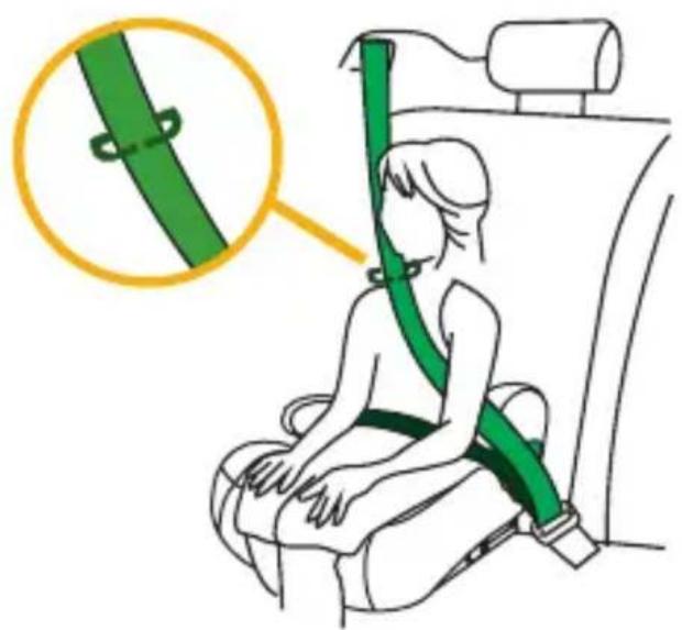 Diagram illustrating a person's seatbelt usage with magnified detail showing the band being attached to the seat.