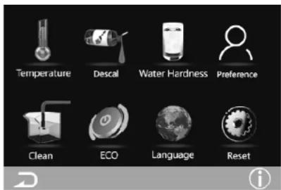 Temperature Descal Water Hardness Preference Clean ECO Language Reset