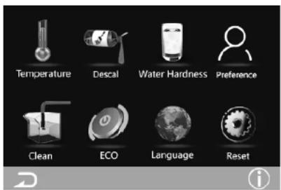 Temperature Descal Water Hardness Preference Clean ECO Language Reset