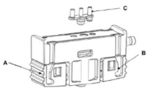 Technical diagram of a mechanical component with labeled parts A, B, and C