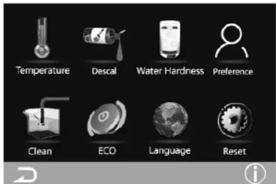 Temperature Descal Water Hardness Preference Clean ECO Language Reset