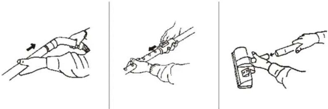 Illustration showing three-step medical procedure steps: hand placement, tool insertion, and injection with a device.