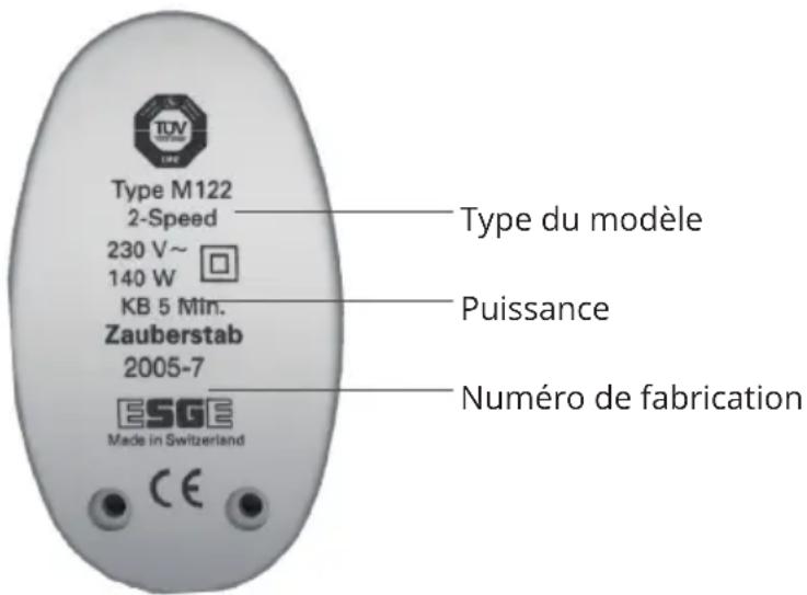 Type M122 2-Speed 230 V~ 140 W KB 5 Min. Zauberstab 2005-7 ESGE Made in Switzerland CE Type du modèle Puissance Numéro de fabrication