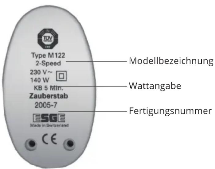 Type M122 2-Speed 230 V~ 140 W KB 5 Min. Zauberstab 2005-7 ESGE Made in Switzerland Modellbezeichnung Wattangabe Fertigungsnummer CE