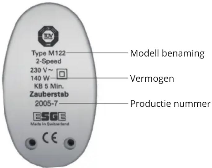 Type M122 2-Speed 230 V~ 140 W KB 5 Min. Zauberstab 2005-7 ESGE Made in Switzerland Modell benaming Vermogen Productie nummer