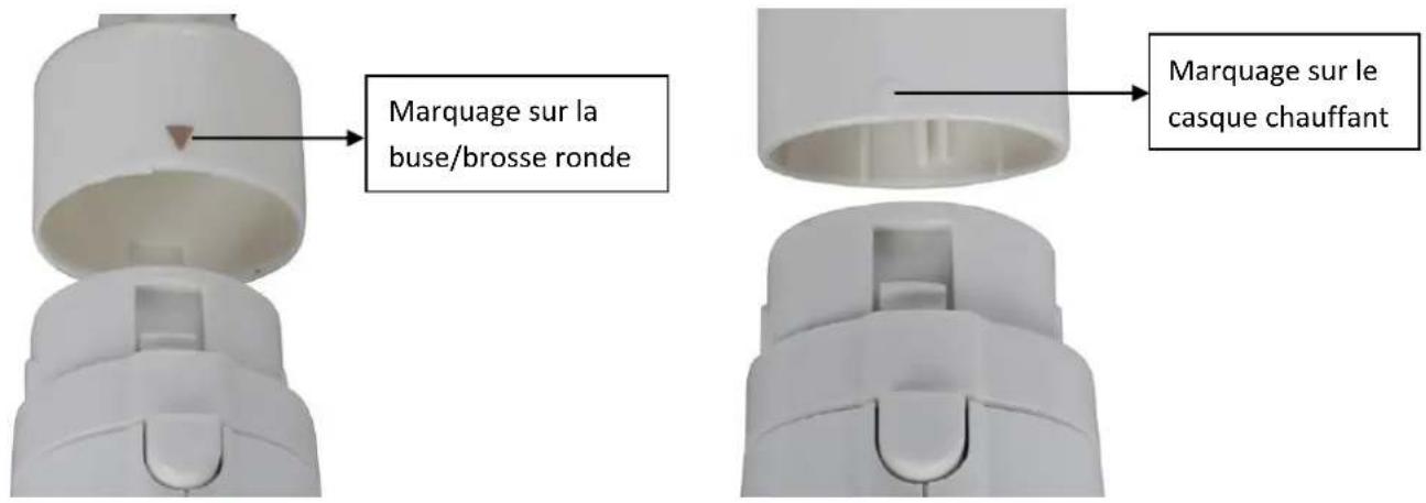 Marquage sur la buse/brosse ronde Marquage sur le casque chauffant