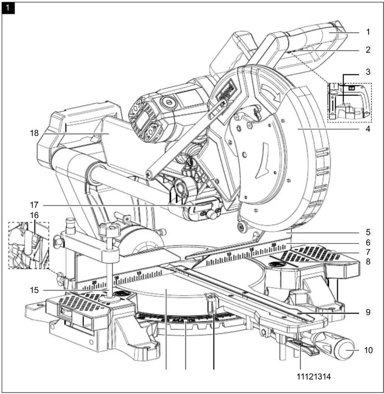 Technical diagram of a mechanical assembly with numbered parts and detailed cross-sections