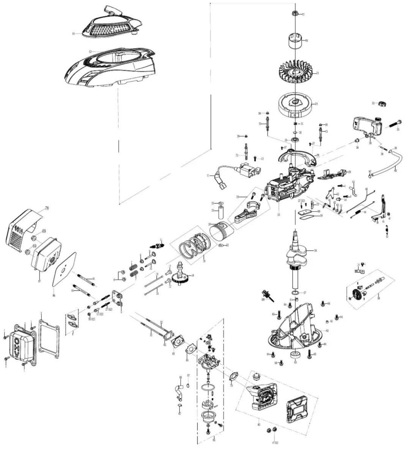 Exploded view diagram of a mechanical assembly with numbered components and exploded views