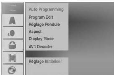 Auto Programming Program Edit Réglage Pendule Aspect Display Mode AV1 Decoder Réglage Initialiser