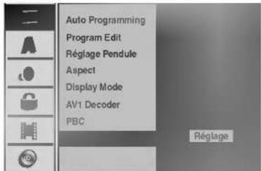 Auto Programming Program Edit Réglage Pendule Aspect Display Mode AV1 Decoder PBC Réglage