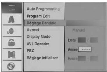 Auto Programming Program Edit Réglage Pendule Aspect Display Mode AV1 Decoder PBC Réglage initialiser Manuel Date Année Heure