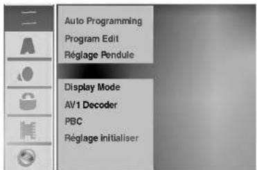 Auto Programming Program Edit Réglage Pendule Display Mode AV1 Decoder PBC Réglage Initialiser