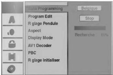 Auto Programming Program Edit R glage Pendule Aspect Display Mode AV1 Decoder PBC R glage Initialiser Belgique Stop Recherche 11%