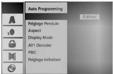 Auto Programming Réglage Pendule Aspect Display Mode AV1 Decoder PBC Réglage initialiser Édition