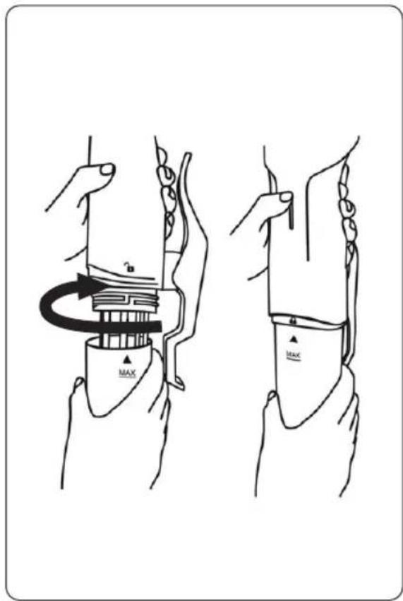 Medical illustration showing two hands demonstrating a medical device with 'MAX' label and directional arrow indicating rotation or movement.
