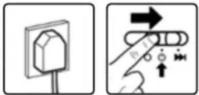 Diagram showing a socket connected to a power outlet and a hand holding a button with directional arrows indicating action.