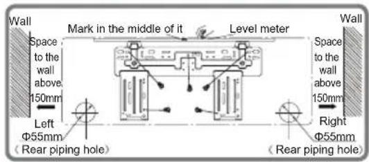 Wall Space to the wall above 150mm Left Φ55mm (Rear piping hole) Mark in the middle of it Level meter Wall Space to the wall above 150mm Right Φ55mm (Rear piping hole)