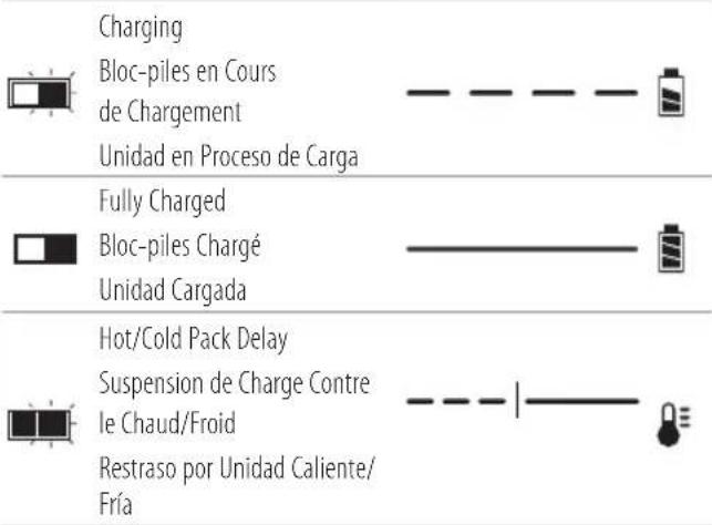 Charging Bloc-piles en Cours de Chargement Unidad en Proceso de Carga Fully Charged Bloc-piles Chargé Unidad Cargada Hot/Cold Pack Delay Suspension de Charge Contre le Chaud/Froid Restraso por Unidad Caliente/ Fría