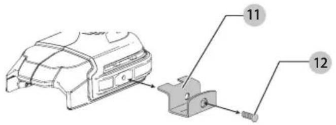 Technical diagram showing a mechanical assembly with labeled parts 11 and 12, including a component labeled '6' and a spring-like connector.