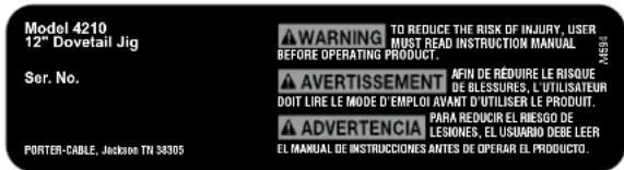 Porter-Cable 4212 - FREE WARNING LABEL REPLACEMENT - 1