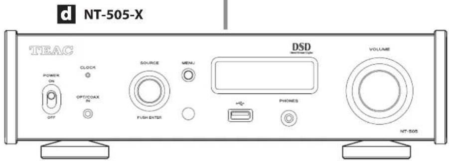 d NT-505-X TEAC DSD VOLUME SOURCE MENU +/- PHONES OFF CLOCK ON OPT/COAX ON FUSH ENTER NT-505