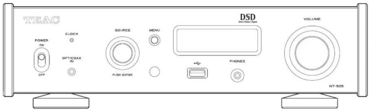TEAC DSD Direct Stream Digital VOLUME POWER ON CLOCK SOURCE MENU OPT/COAX IN PUSH ENTER PHONES OFF NT-505