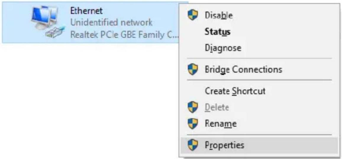 Ethernet Unidentified network Realtek PCIe GBE Family C... Disable Status Diagnose Bridge Connections Create Shortcut Delete Rename Properties
