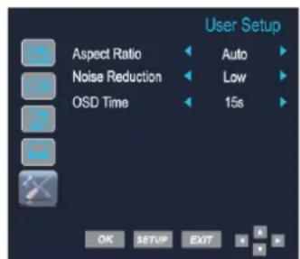 User Setup Aspect Ratio Auto Noise Reduction Low OSD Time 15s OK SETUP EXIT