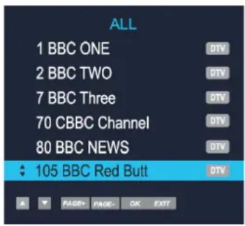 ALL 1 BBC ONE 2 BBC TWO 7 BBC Three 70 CBBC Channel 80 BBC NEWS : 105 BBC Red Butt DTV DTV DTV DTV DTV PAGE PAGE OK EXIT