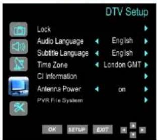 DTV Setup Lock Audio Language Subtitle Language Time Zone CI Information Antenna Power PVR File System English English London GMT on OK SETUP EXIT