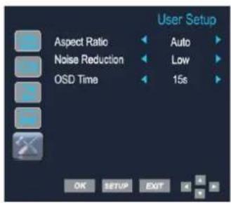 User Setup Aspect Ratio Auto Noise Reduction Low OSD Time 15s OK SETUP EXIT
