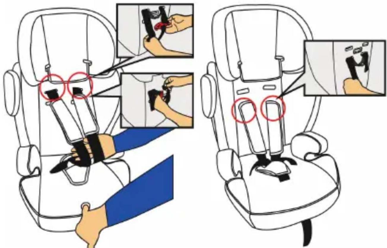 Diagram illustrating car seatbelt usage, showing how to adjust seatbelt and switch controls with magnified views.