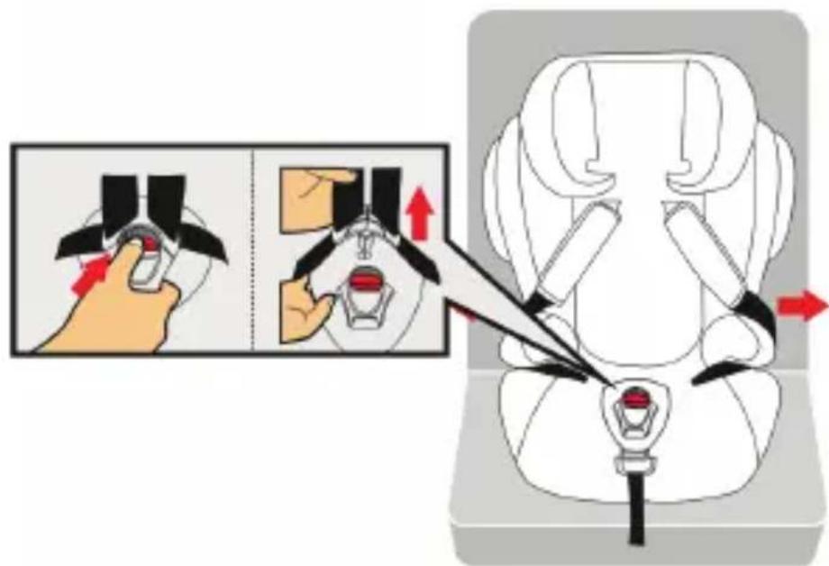 Diagram illustrating how to adjust seatbelt using a grip, showing step-by-step instructions with red arrows.