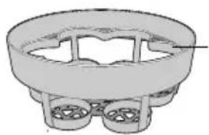 Technical line drawing of a mechanical component with three circular features and a central slot (no text or symbols)