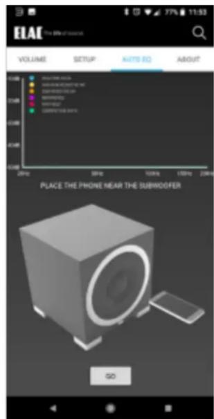 ELAE The Life of Sources VOLUME SETUP AUTO EQ ABOUT PLACE THE PHONE NEAR THE SUBWIDDER GO