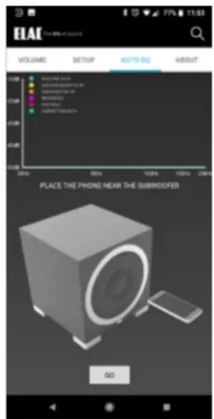 ELAE The 80% of Sound VOLUME SETUP AFTD EQ ABOUT PLACE THE PHONE NEAR THE SUBWOOFER GO