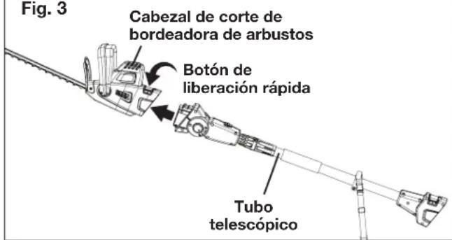 Fig. 3 Cabezal de corte de bordeadora de arbustos Botón de liberación rápida Tubo telescópico