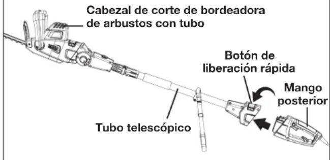 Cabezal de corte de bordeadora de arbustos con tubo Botón de liberación rápida Mango posterior Tubo telescópico