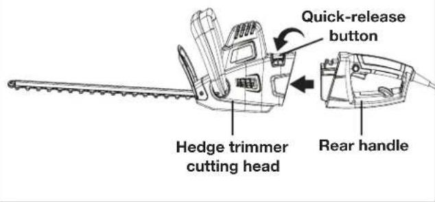 Quick-release button Hedge trimmer cutting head Rear handle