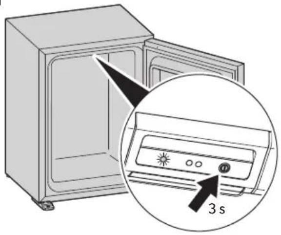 Diagram showing a refrigerator with an air conditioner unit and a magnified view highlighting the 3-second duration.